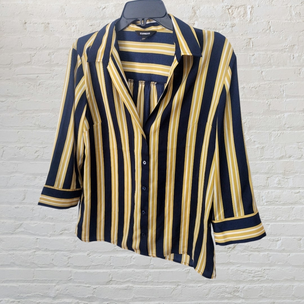 Express Women's Yellow And Blue Striped Blouse Size Medium - Picture 2 of 5